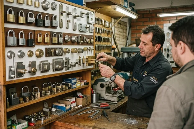 Diversos tipos de fechaduras em um ambiente de chaveiro em São Leopoldo.